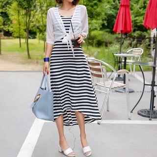 Set: Open-front Cardigan + Sleeveless Striped Dress