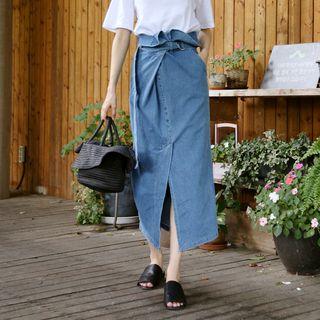 Slit-front Denim Long Skirt With Belt