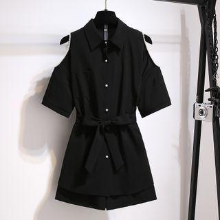 Short-sleeve Polo Collar Off-shoulder Lace-up Plain Dress