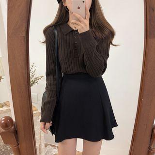 Long-sleeve Polo Knit Top Coffee - One Size