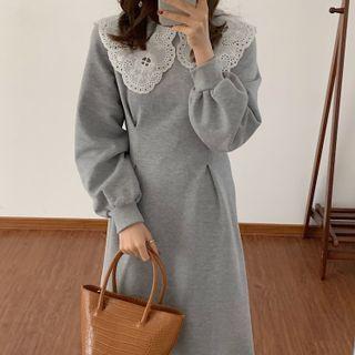 Eyelet Lace Collar Midi A-line Sweatshirt Dress
