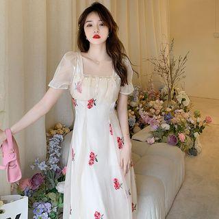 Short-sleeve Square Neck Flower Print Midi A-line Dress