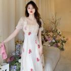 Short-sleeve Square Neck Flower Print Midi A-line Dress