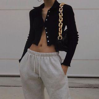 Polo-neck Ribbed Cropped Cardigan