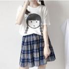 Short-sleeve Printed T-shirt / Plaid A-line Mini Skirt