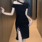 Short-sleeve Halter Slit Sheath Dress