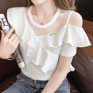 Short-sleeve Off-shoulder Mesh Panel Ruffle Top