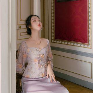 Long-sleeve Floral Print Satin Top