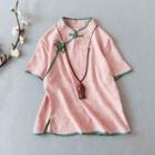 Traditional Chinese Short-sleeve Contrast Trim Frog Buttoned Top