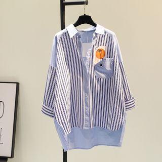 Elbow-sleeve Plain Panel Stripe Loose Fit Shirt