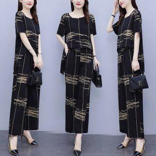 Set: Short-sleeve Asymmetrical Print Top + Wide Leg Pants