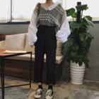 Mock Two-piece Plaid Panel Sweater / Cropped Dress Pants