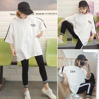 Set: Contrast Trim Elbow-sleeve T-shirt + Cropped Pants