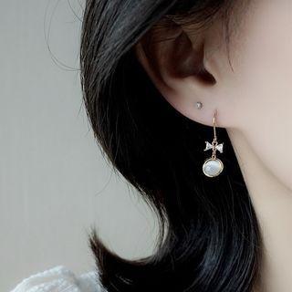 Bow Rhinestone Cat Eye Stone Dangle Earring 1 Pair - Gold & White - One Size