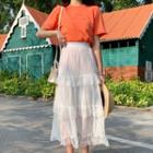 Short-sleeve T-shirt / Lace Trim A-line Midi Skirt / Set
