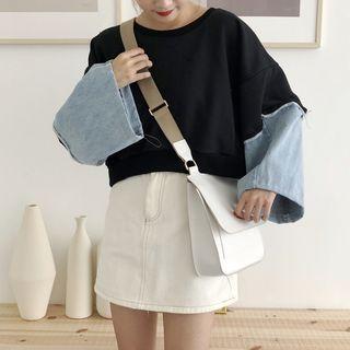 Cropped Denim Panel Sweatshirt