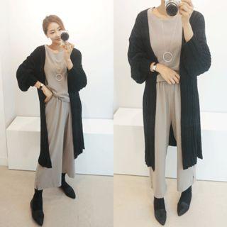 Balloon-sleeve Open-front Long Cardigan