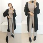 Balloon-sleeve Open-front Long Cardigan