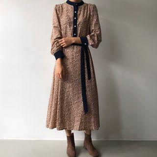 Floral Print Band Collar Midi Shirtdress As Shown In Figure - One Size