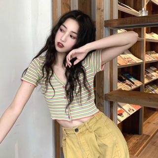 Striped V-neck Short-sleeve Slim-fit Crop Top As Figure - One Size
