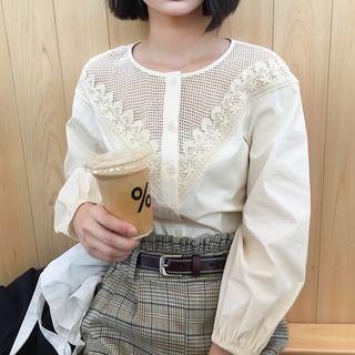 Paneled Lace Trim Blouse Beige - One Size