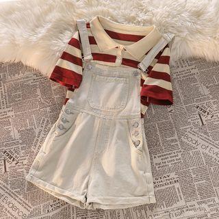 Short-sleeve Striped Polo Knit Top / Denim Jumper Shorts