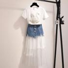 Set: Swan Applique T-shirt + Denim Panel Midi Mesh Skirt