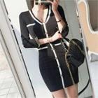 Contrast Plunge-neck Metallic-button Sheath Dress