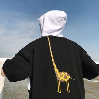 Short-sleeve Hooded Giraffe Print T-shirt