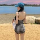 Spaghetti Strap Plaid Swimsuit Plaid - Black & White - One Size