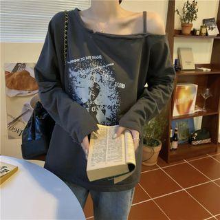Long-sleeve Off-shoulder Irregular Printed T-shirt