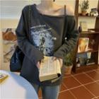 Long-sleeve Off-shoulder Irregular Printed T-shirt