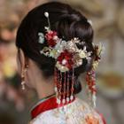 Set Of 5 : Retro Wedding Flower Dangle Earring + Hair Stick + Headpiece Gold & Red - One Size