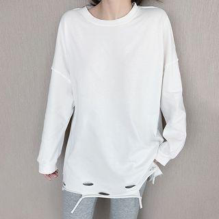 Distressed Long-sleeve T-shirt / Plain Crew-neck Sweater
