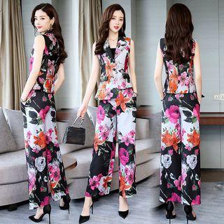 Set: Floral Button Vest + Floral Wide Leg Pants