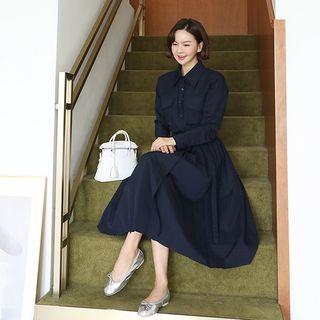 Belted Pleated Long Shirtdress