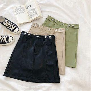 Plain High-waist Faux-leather A-line Skirt