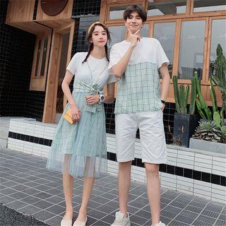 Couple Matching Short-sleeve Plaid T-shirt / Plain Shorts / A-line Mesh Dress / Set