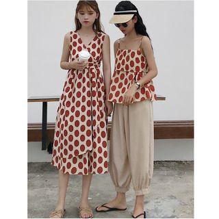 Spaghetti-strap Polka Dot Top / Sleeveless A-line Dress / Baggy Pants