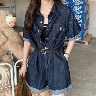 Set: Short-sleeve Denim Romper + Belt