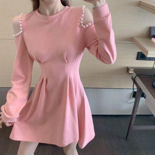 Cold-shoulder Faux Pearl Mini A-line Dress