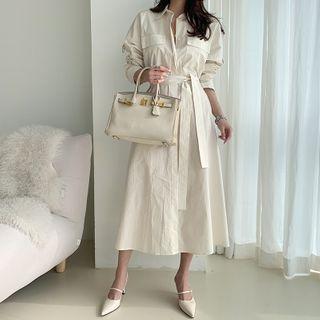 Tab-sleeve Stripe Maxi Shirtdress