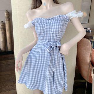 Gingham Short-sleeve Mini A-line Dress