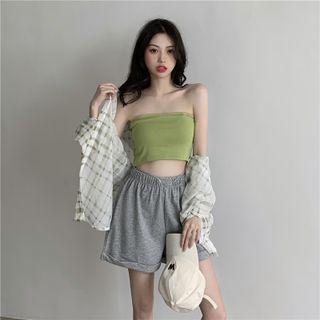 Strapless Top / High-waist Shorts / Plaid Shirt