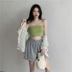 Strapless Top / High-waist Shorts / Plaid Shirt