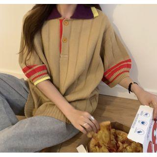 Short-sleeve Collared Contrast Trim Sweater