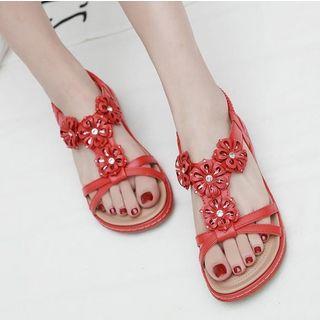 Floral Faux Leather Flat Sandals