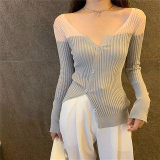 Color-block V-neck Knit Cardigan / Plain Loose-fit Pants
