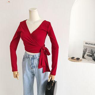 Tie-waist V-neck Plain Long-sleeve Top