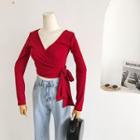 Tie-waist V-neck Plain Long-sleeve Top